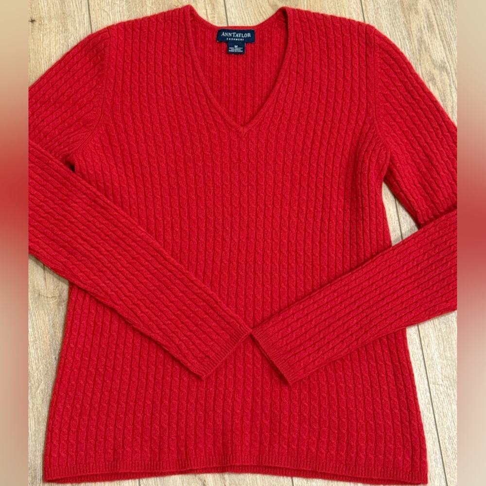 Ann Taylor 100% Cashmere Red V-Neck Cable Knit Sweater